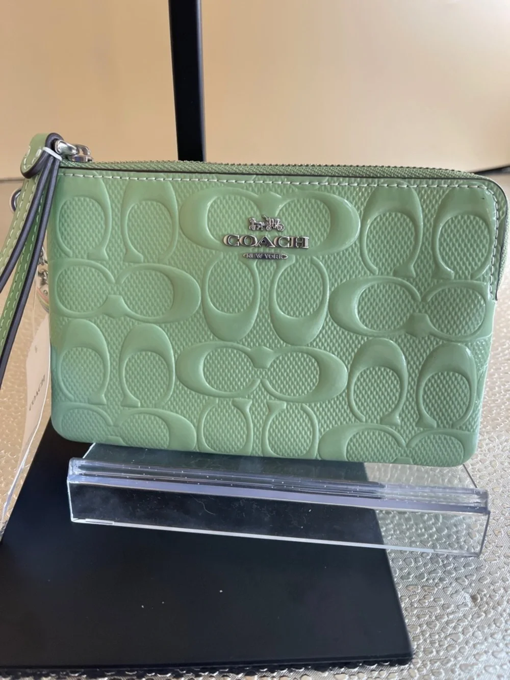 Coach Seafoam Green Embossed C Wristlet New with limited Charm - Picture 5 of 8